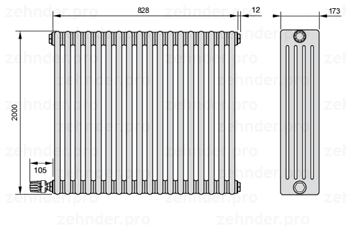 Схема (чертеж) Радиатор Zehnder Charleston 5200/18 №V004 Белый глянцевый RAL 9016